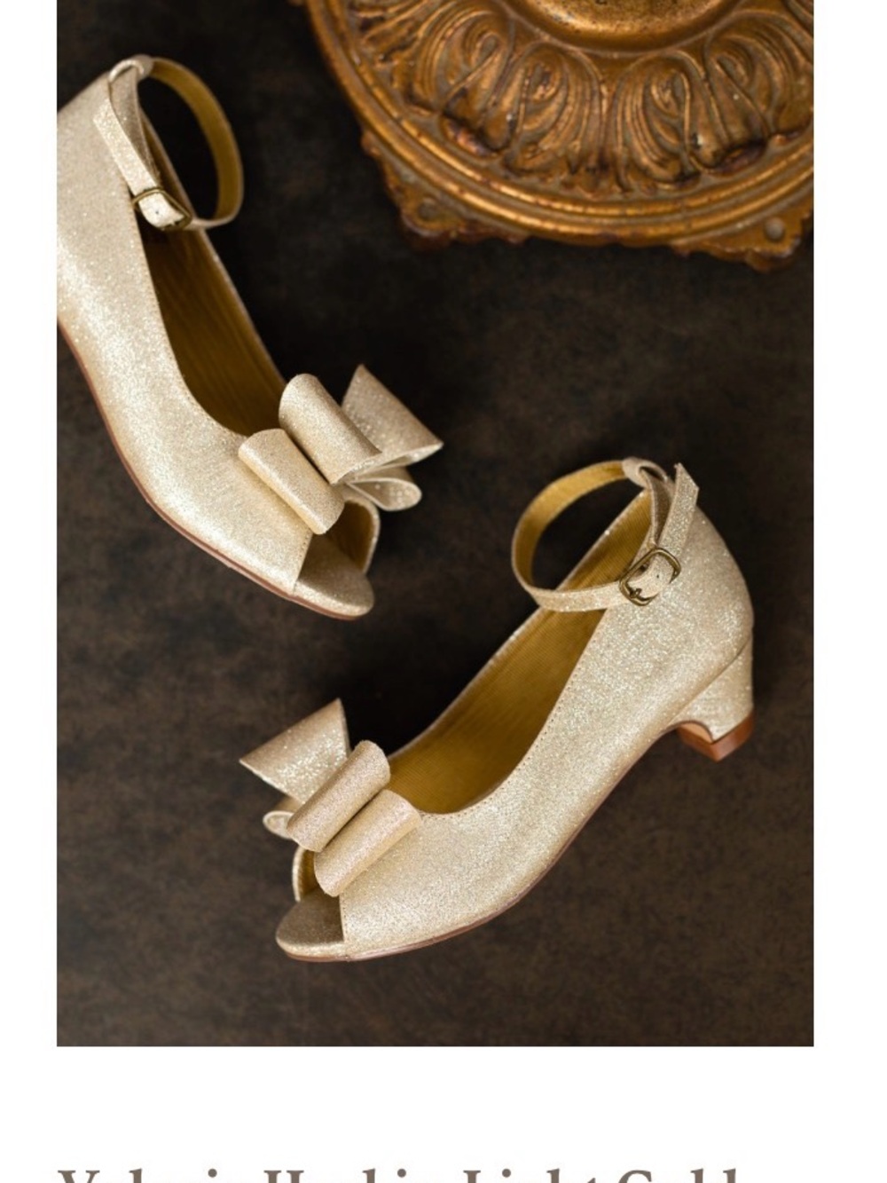 Joyfolie Valeria light Gold Glitter Bow Peep-Toe Ankle Strap Heels